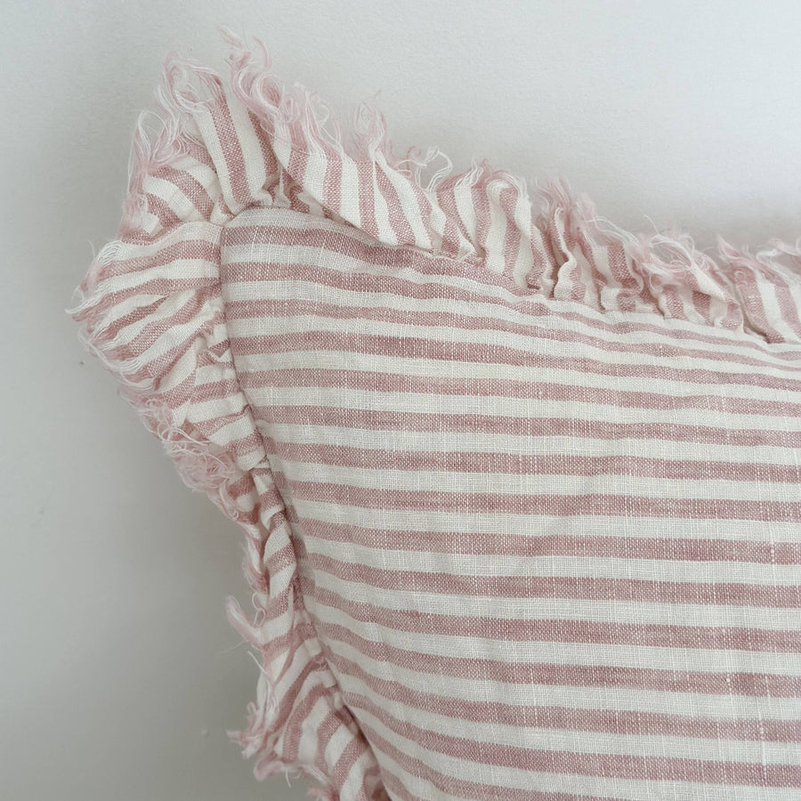 Hallie Ruffled Linen Cushion 50x30 – Pink Stripe