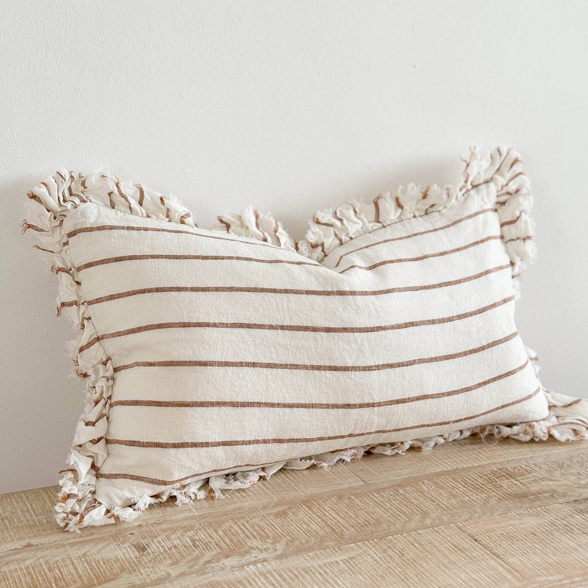 Hallie Ruffled Linen Cushion 50x30 – Brown & Cream Stripe