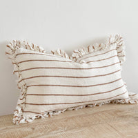 Thumbnail for Hallie Ruffled Linen Cushion 50x30 – Brown & Cream Stripe