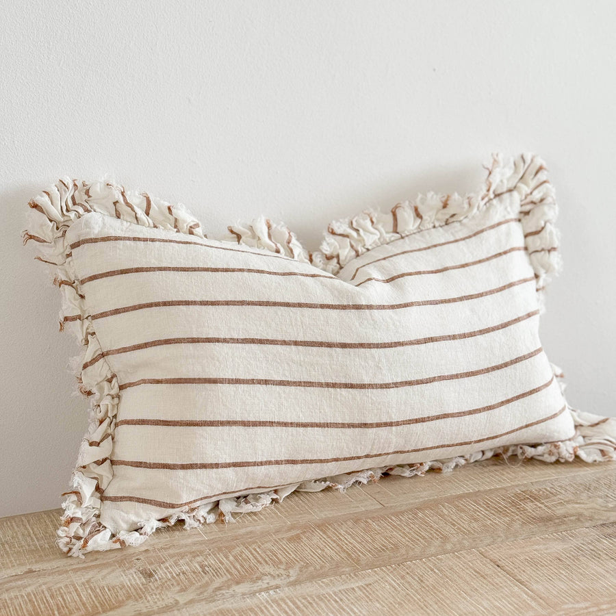 Hallie Ruffled Linen Cushion 50x30 – Brown & Cream Stripe