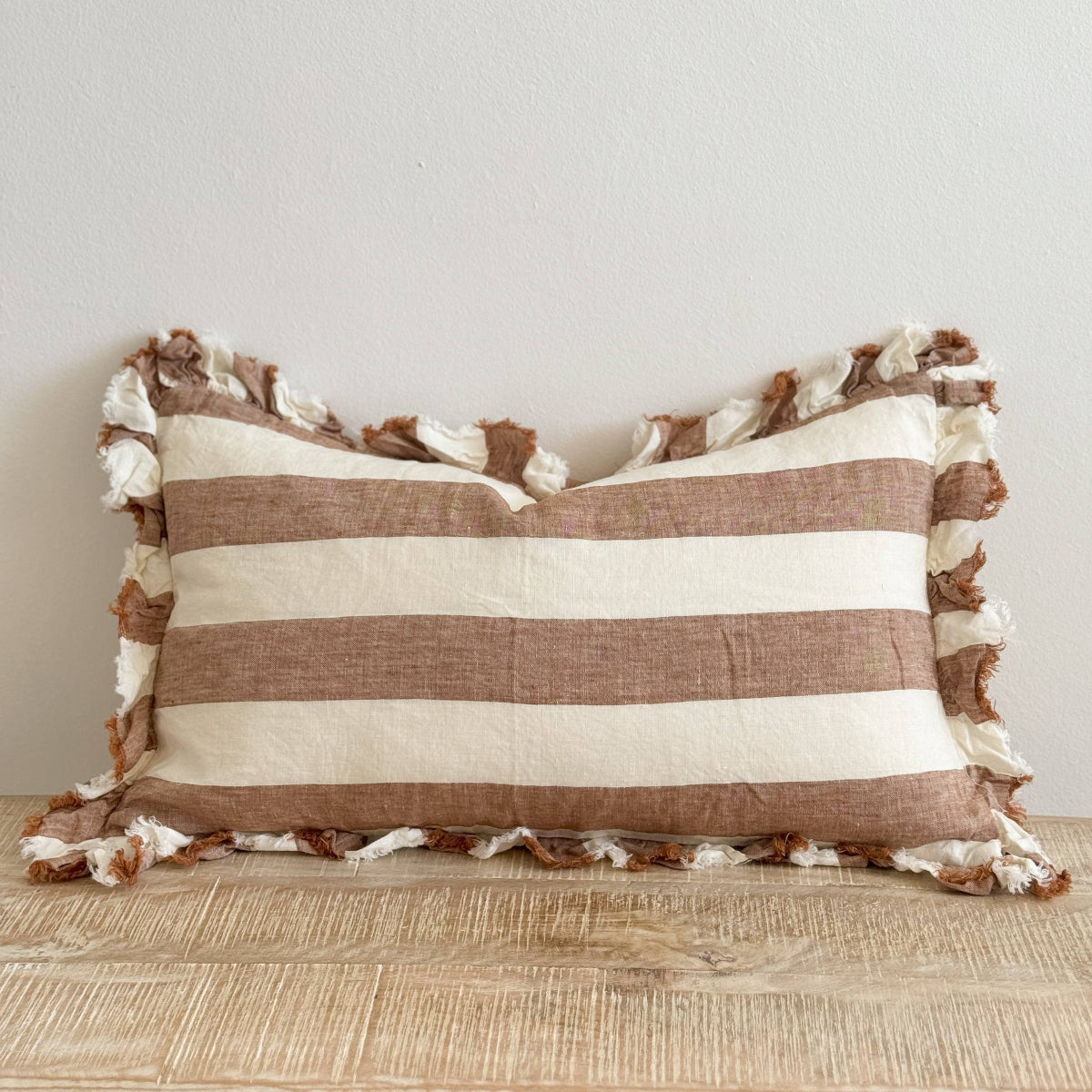 Hallie Ruffled Linen Cushion 50x30 – Rust Wide Stripe