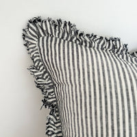 Thumbnail for Hallie Ruffle Linen Cushion – Charcoal Stripe: 45 x 45 cm