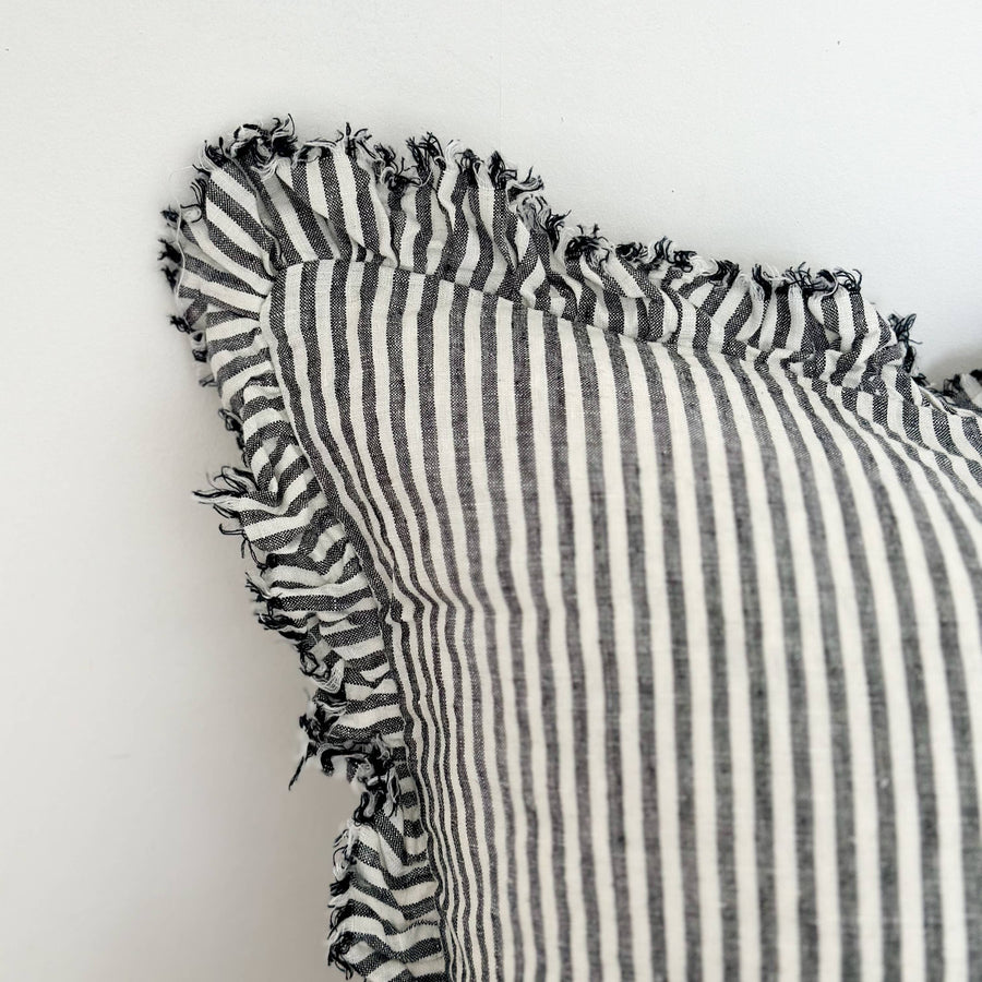 Hallie Ruffle Linen Cushion – Charcoal Stripe: 45 x 45 cm
