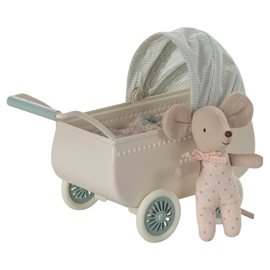 Pram With Baby Mouse - Mint