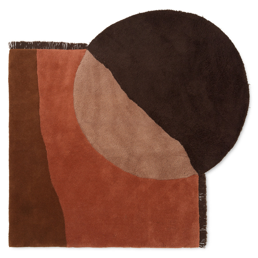 Ferm Living View Tufted Rug Red Brown Rug with geometric design in brown and black on a white background