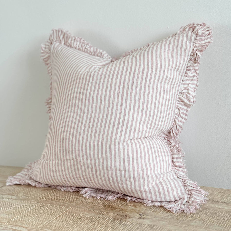 Hallie Ruffled Linen Cushion 45x45 – Pink Stripe