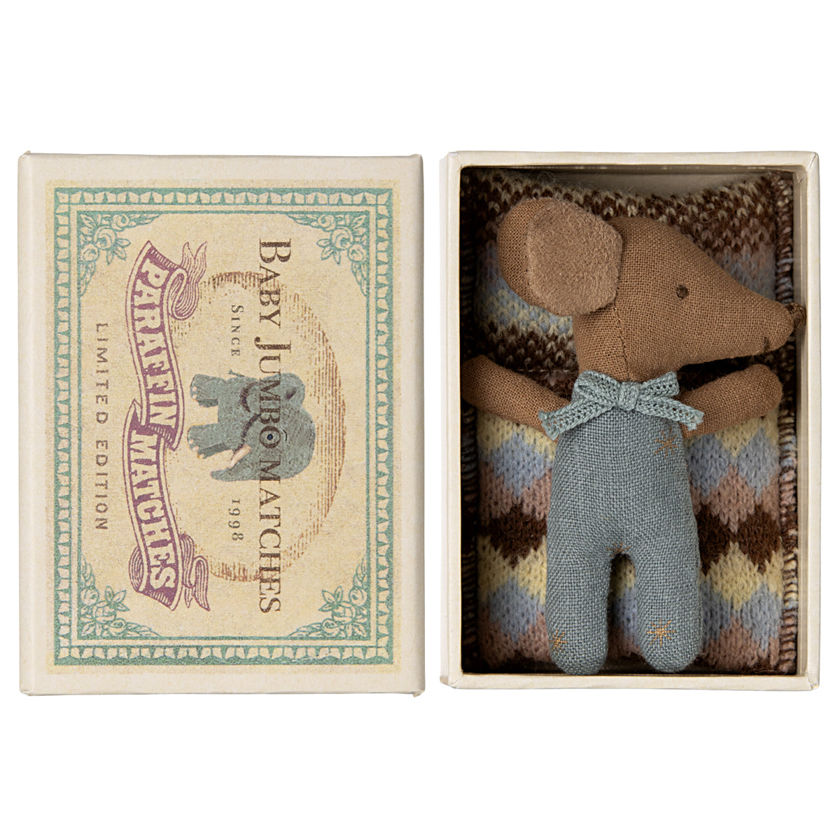 Maileg, Sleepy Wakey Baby Mouse in Matchbox - Blue