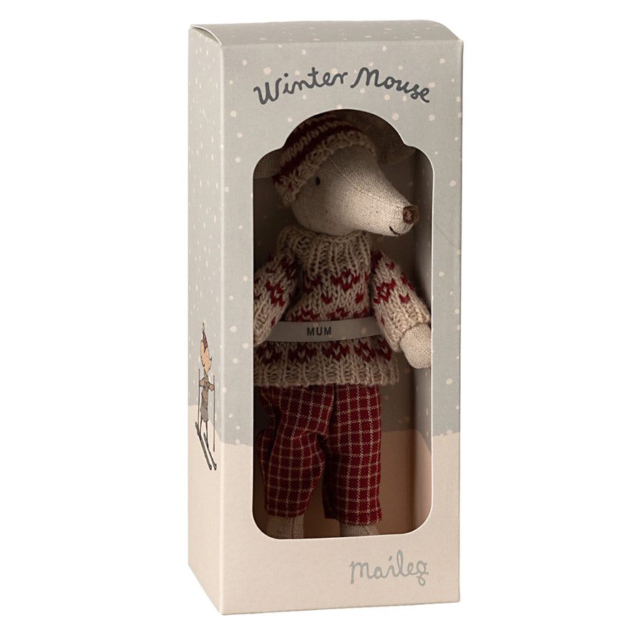 Maileg, Winter Mouse with Ski Set, Mum Red