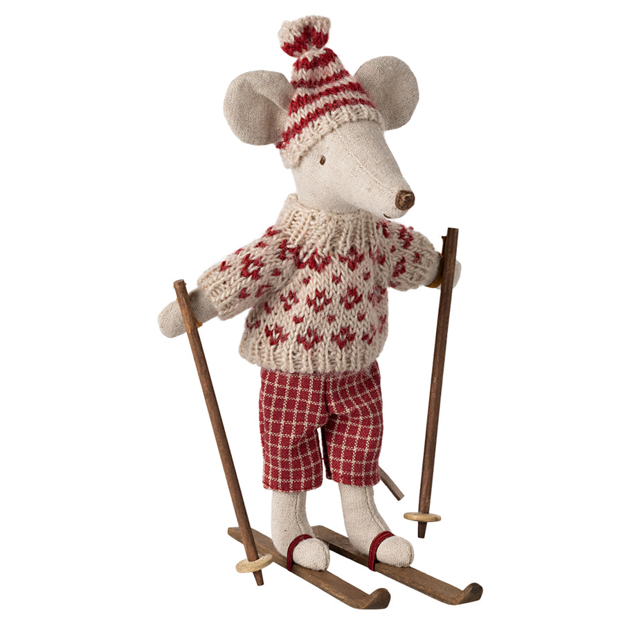 Maileg, Winter Mouse with Ski Set, Mum Red