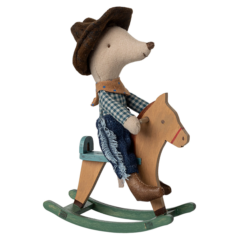 Pre- order Maileg Cowboy Mouse on Rocking Horse Little Brother (June Delivery)