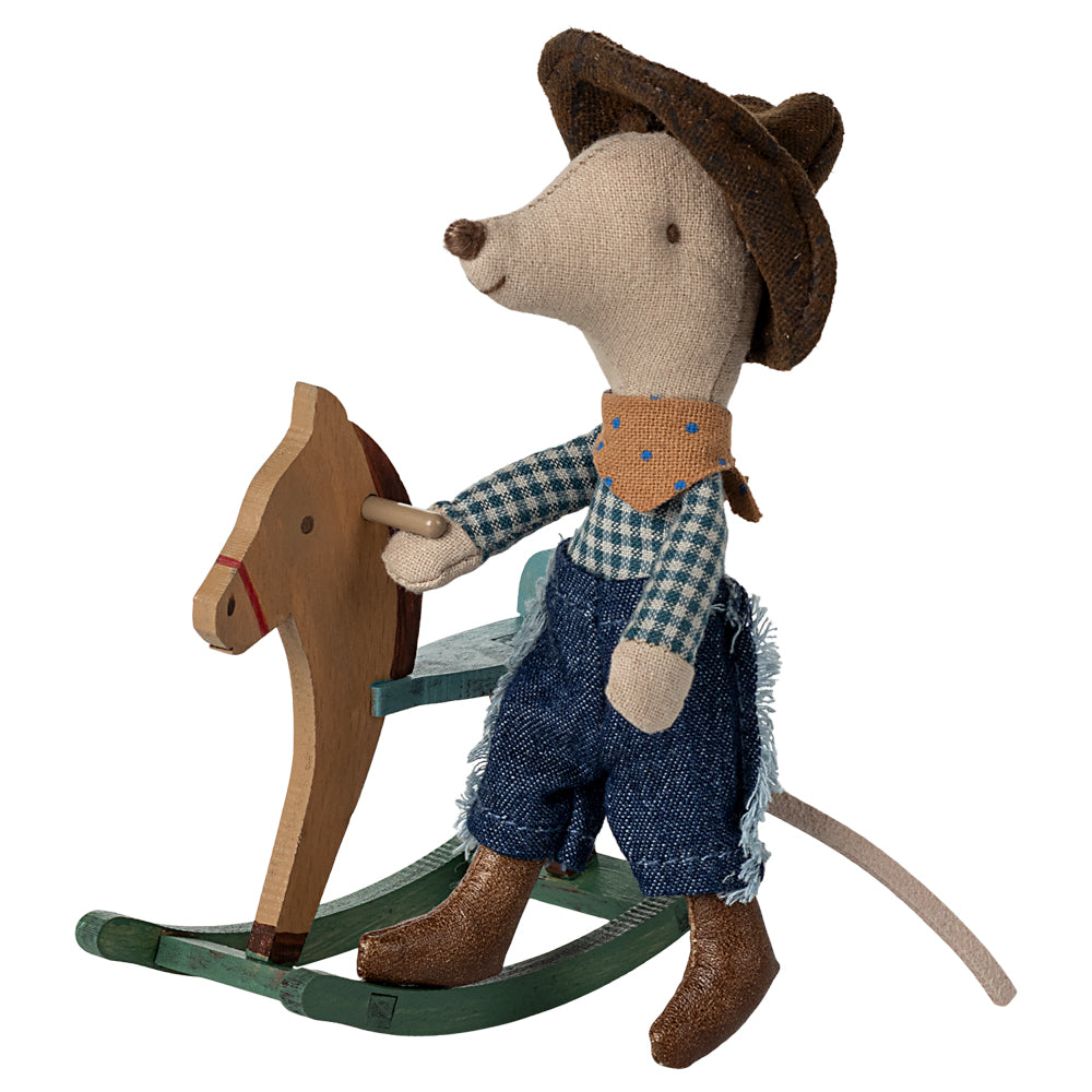 Pre- order Maileg Cowboy Mouse on Rocking Horse Little Brother (June Delivery)