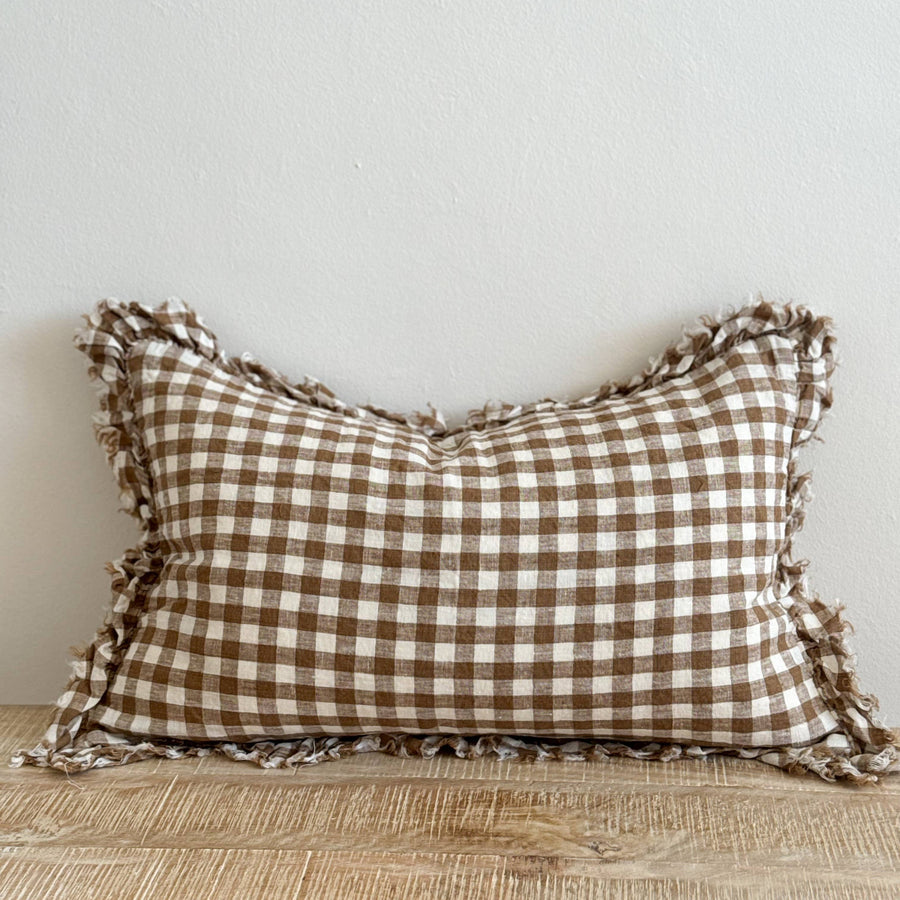 Hallie Ruffled Linen Cushion 50x30 – Brown Gingham
