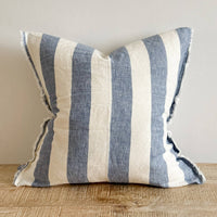 Thumbnail for Esmee Fringed Linen Cushion Wide Blue Stripe 45 x 45 