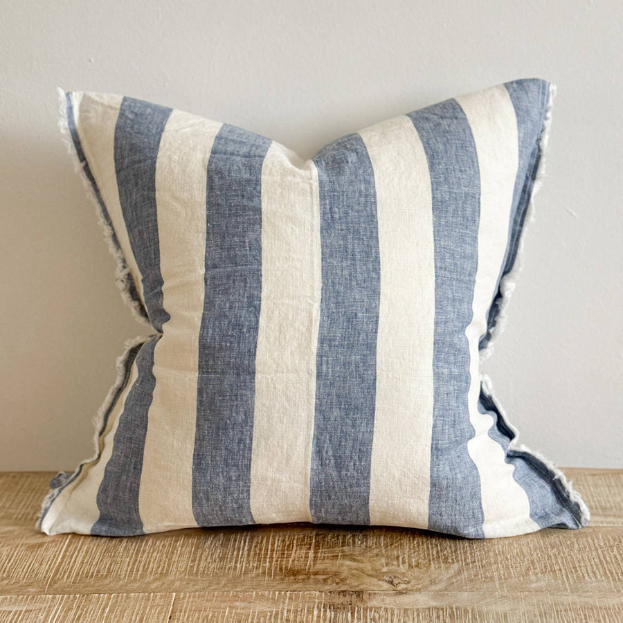 Esmee Fringed Linen Cushion Wide Blue Stripe 45 x 45 