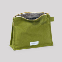Thumbnail for Moss green toiletry bag in thick organic cotton canvas.