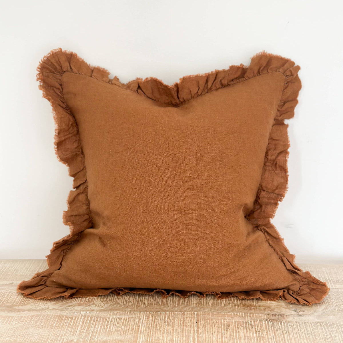 Hallie Ruffled Linen Cushion – Rust: 45 x 45 cm