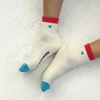 Thumbnail for Embroidered Colour Block Girlfriend Socks Blue Red & Heart