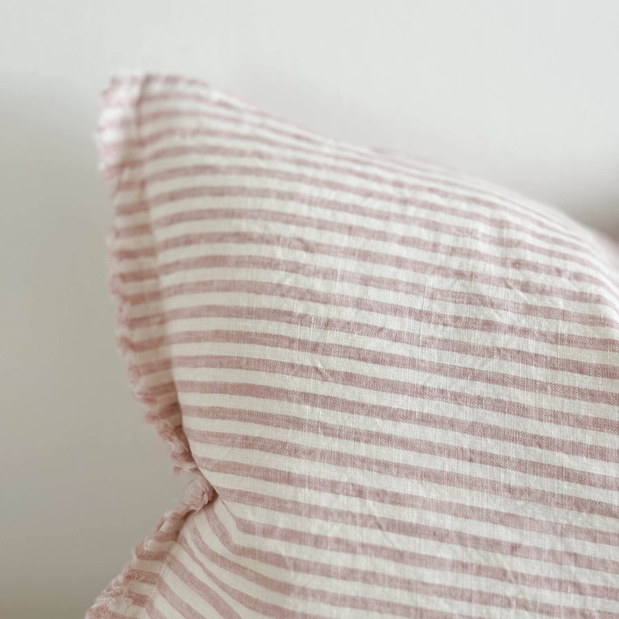 Esmee Fringed Linen Cushion 50x30 – Pink & Cream Stripe