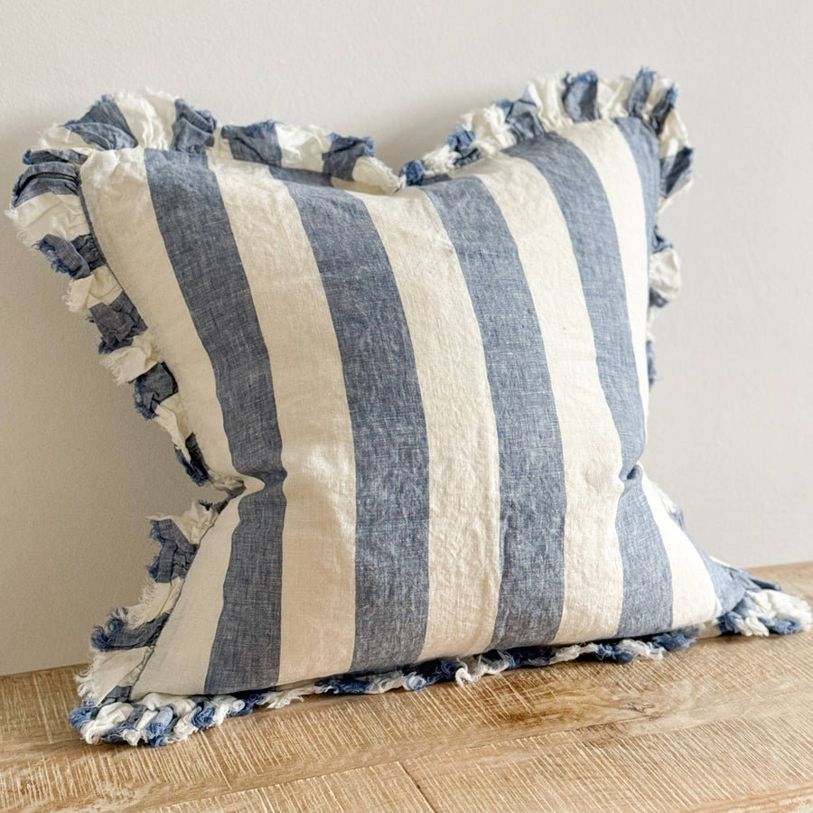 Hallie Ruffled Linen Cushion Blue Wide Stripe: 45 x 45 cm