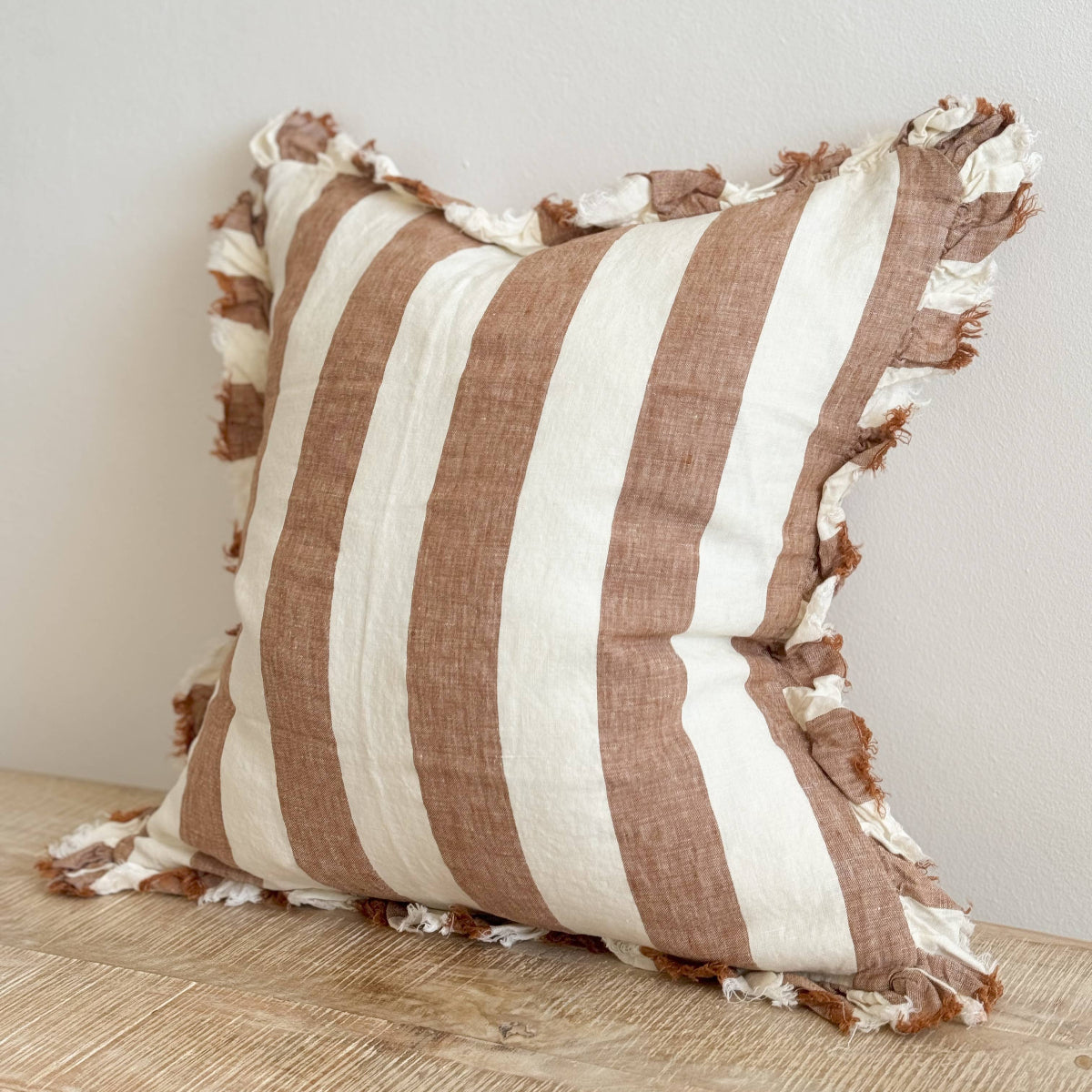 Hallie Ruffled Linen Cushion 45x45cm – Wide Rust Stripe
