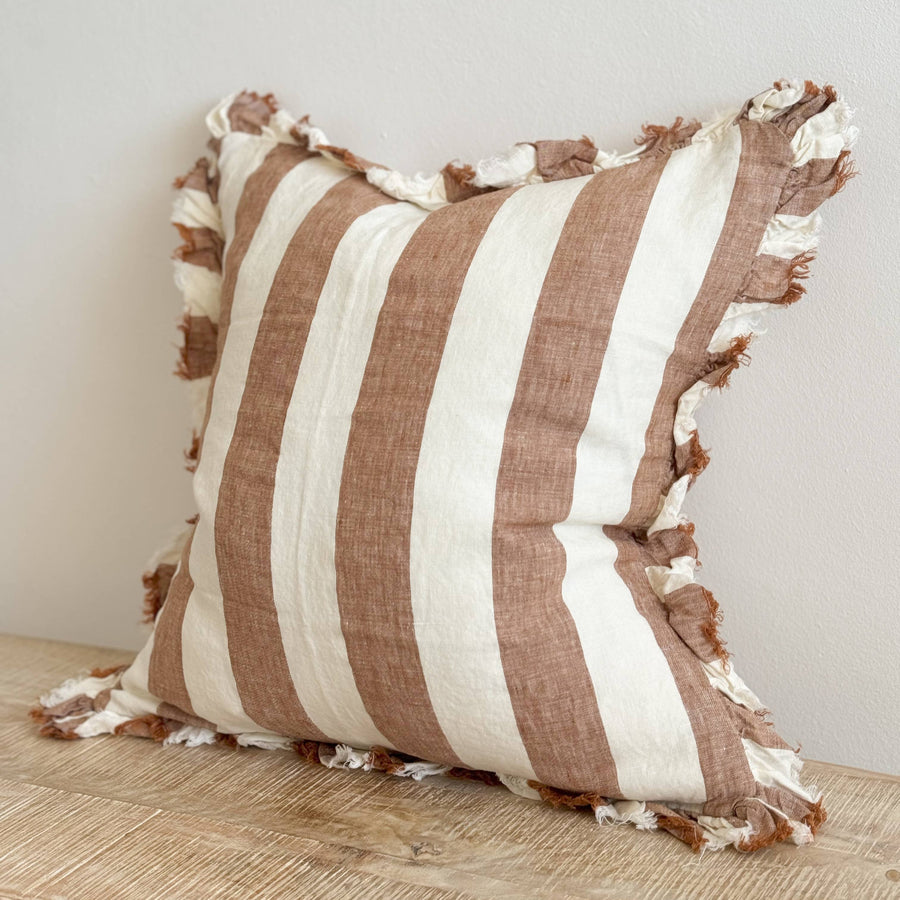 Hallie Ruffled Linen Cushion 45x45cm – Wide Rust Stripe