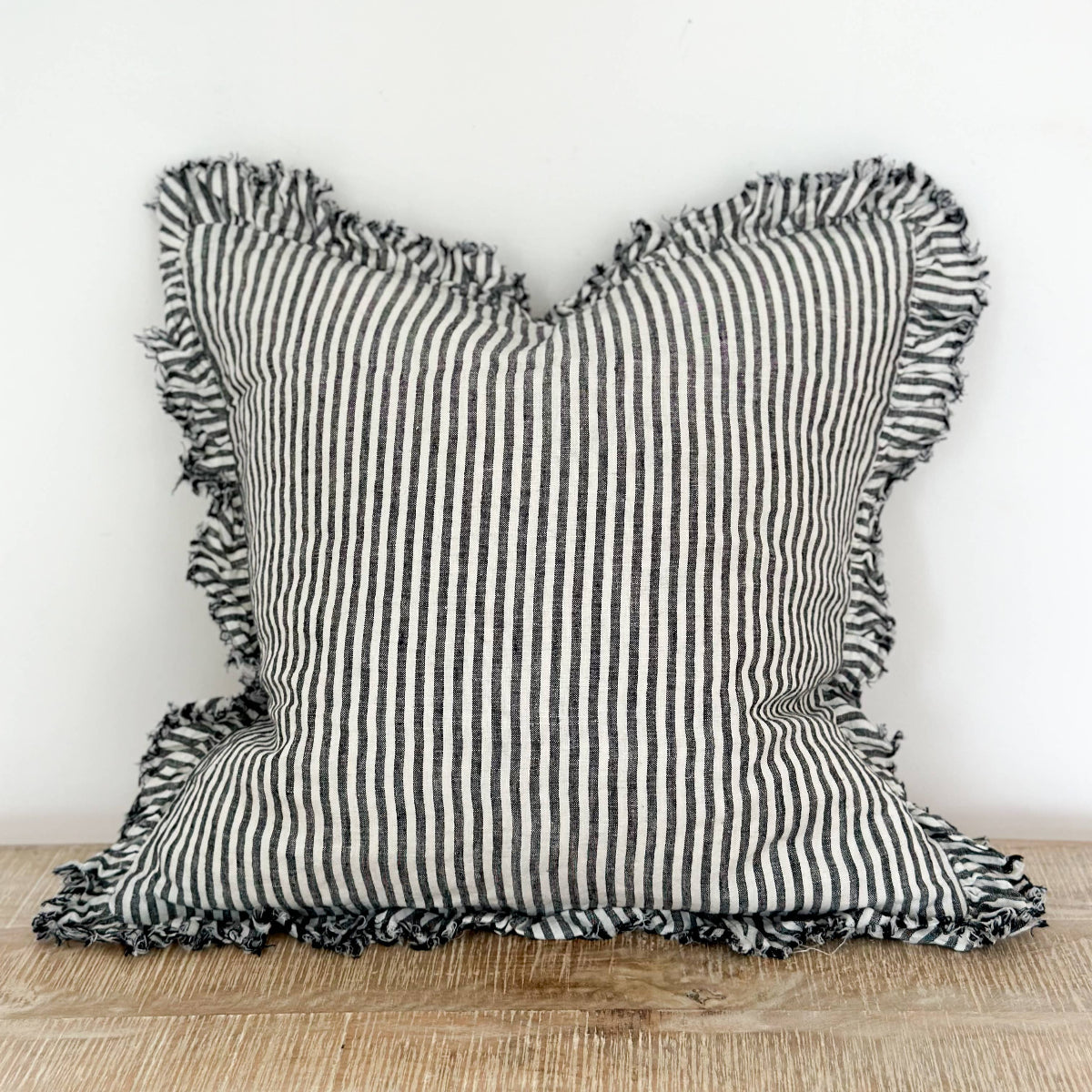 Hallie Ruffle Linen Cushion – Charcoal Stripe: 45 x 45 cm