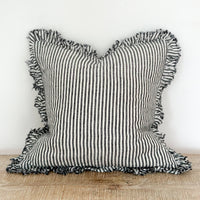Thumbnail for Hallie Ruffle Linen Cushion – Charcoal Stripe: 45 x 45 cm