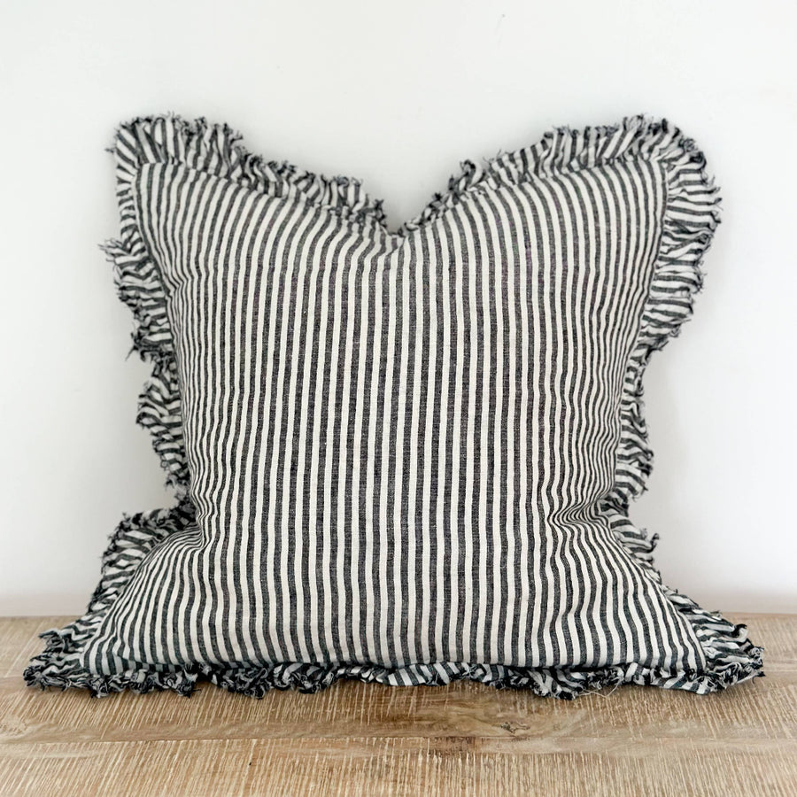 Hallie Ruffle Linen Cushion – Charcoal Stripe: 45 x 45 cm