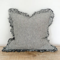 Thumbnail for Hallie Ruffle Linen Cushion – Charcoal Stripe: 53 x 53 cm