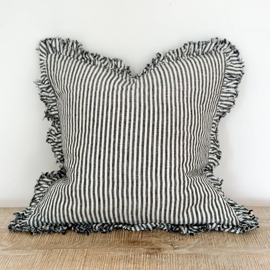Hallie Ruffle Linen Cushion – Charcoal Stripe: 53 x 53 cm