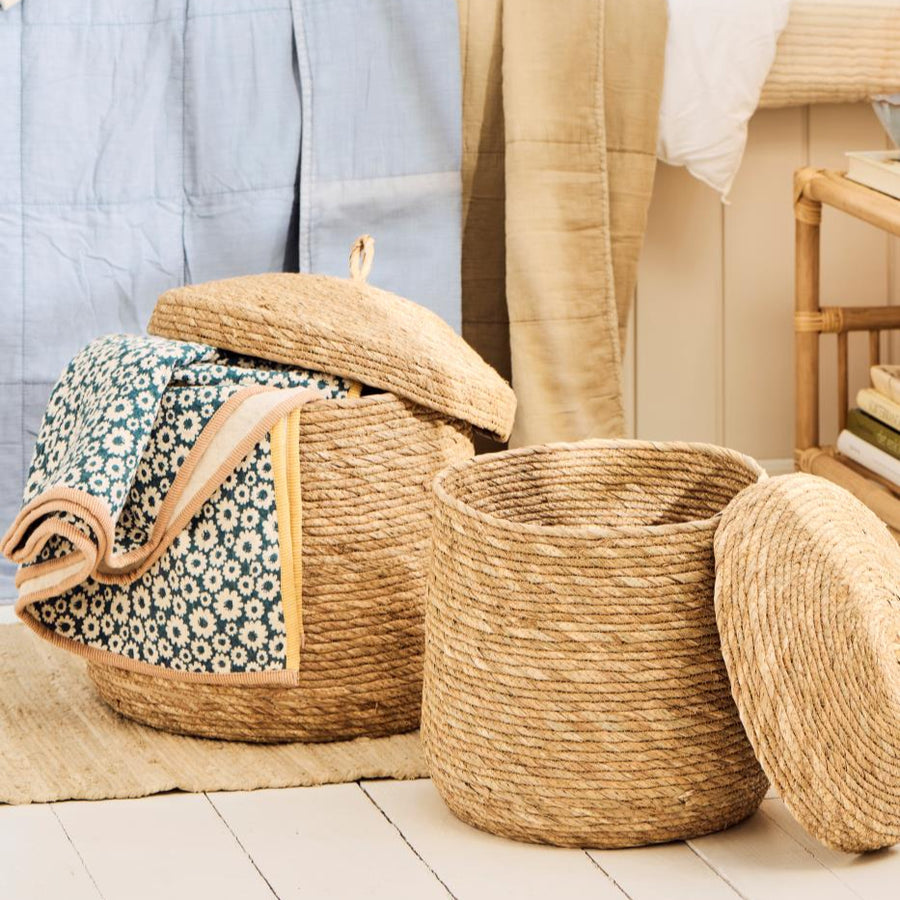 Basket Set of 3 W/Lid Natural Seagrass