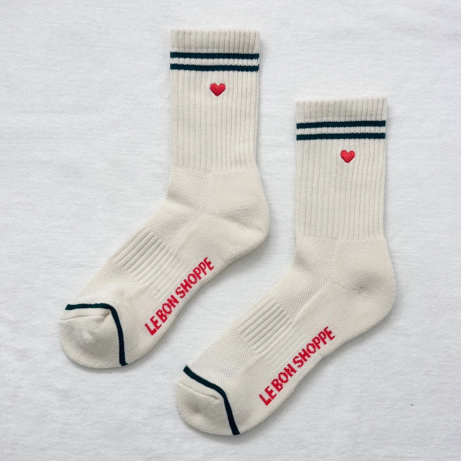 Embroidered Boyfriend Socks: Parchment + Heart