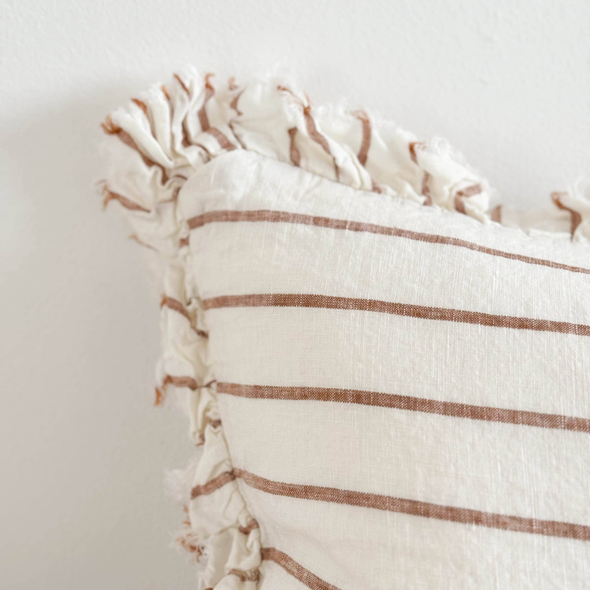 Hallie Ruffled Linen Cushion 50x30 – Brown & Cream Stripe