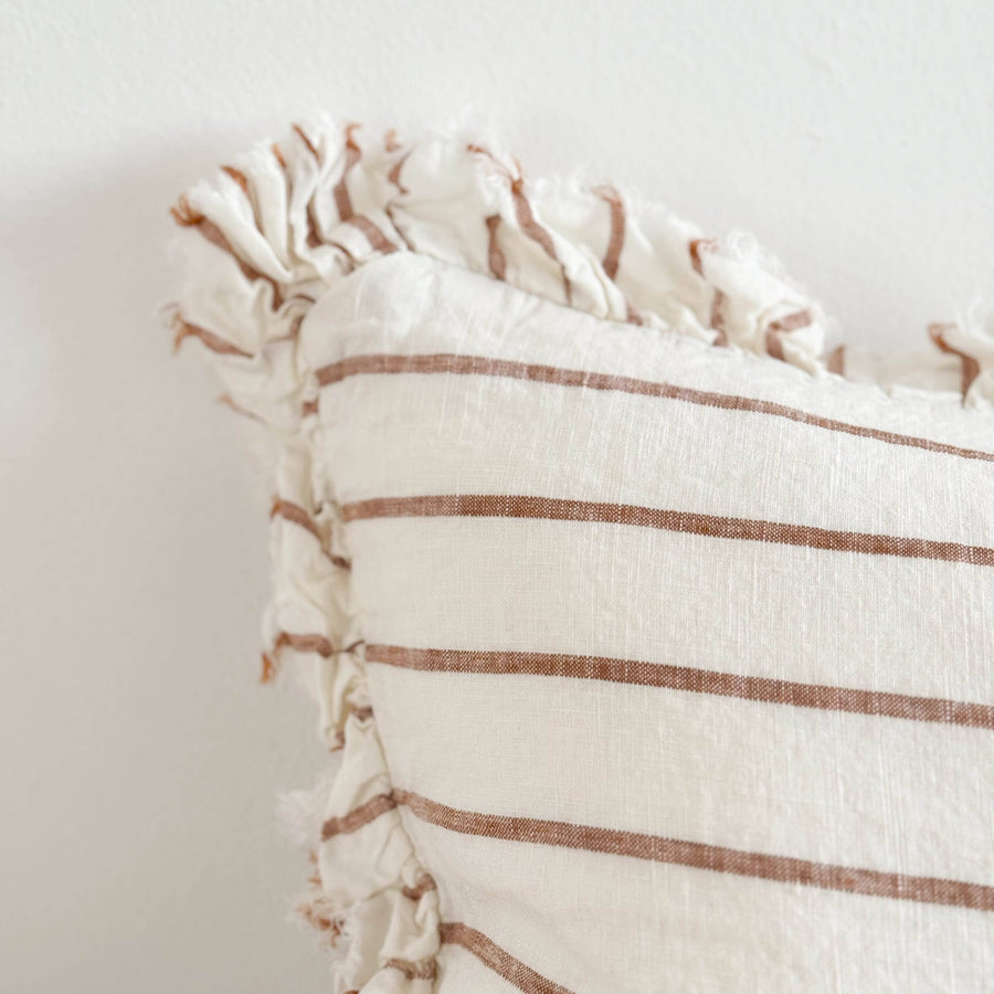 Hallie Ruffled Linen Cushion 50x30 – Brown & Cream Stripe
