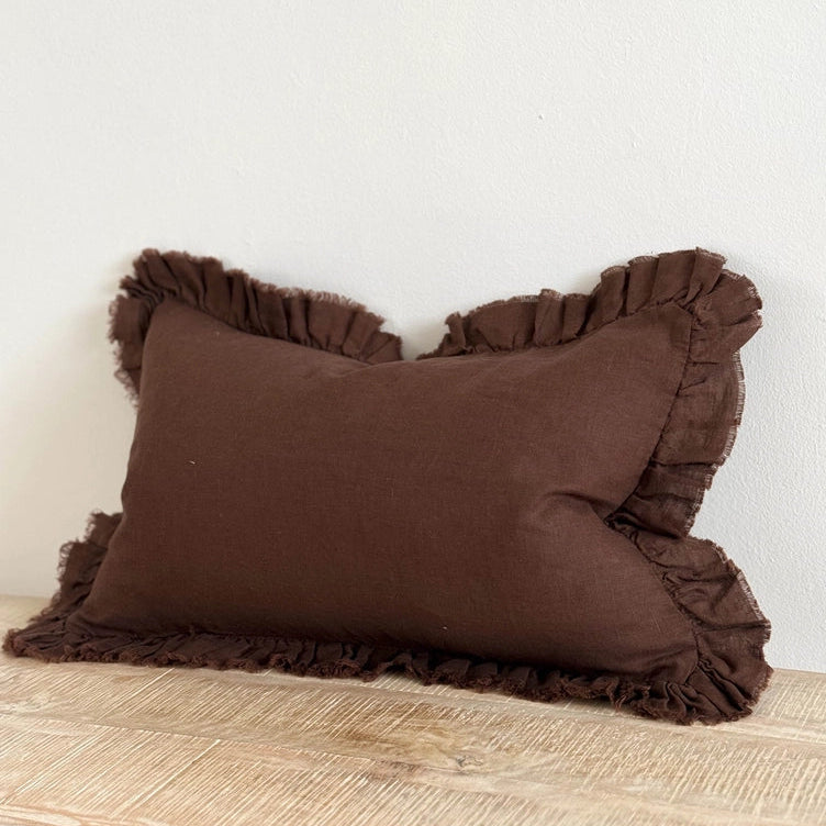 Hallie Ruffled Linen Cushion Cover 50x30 – Dark Brown