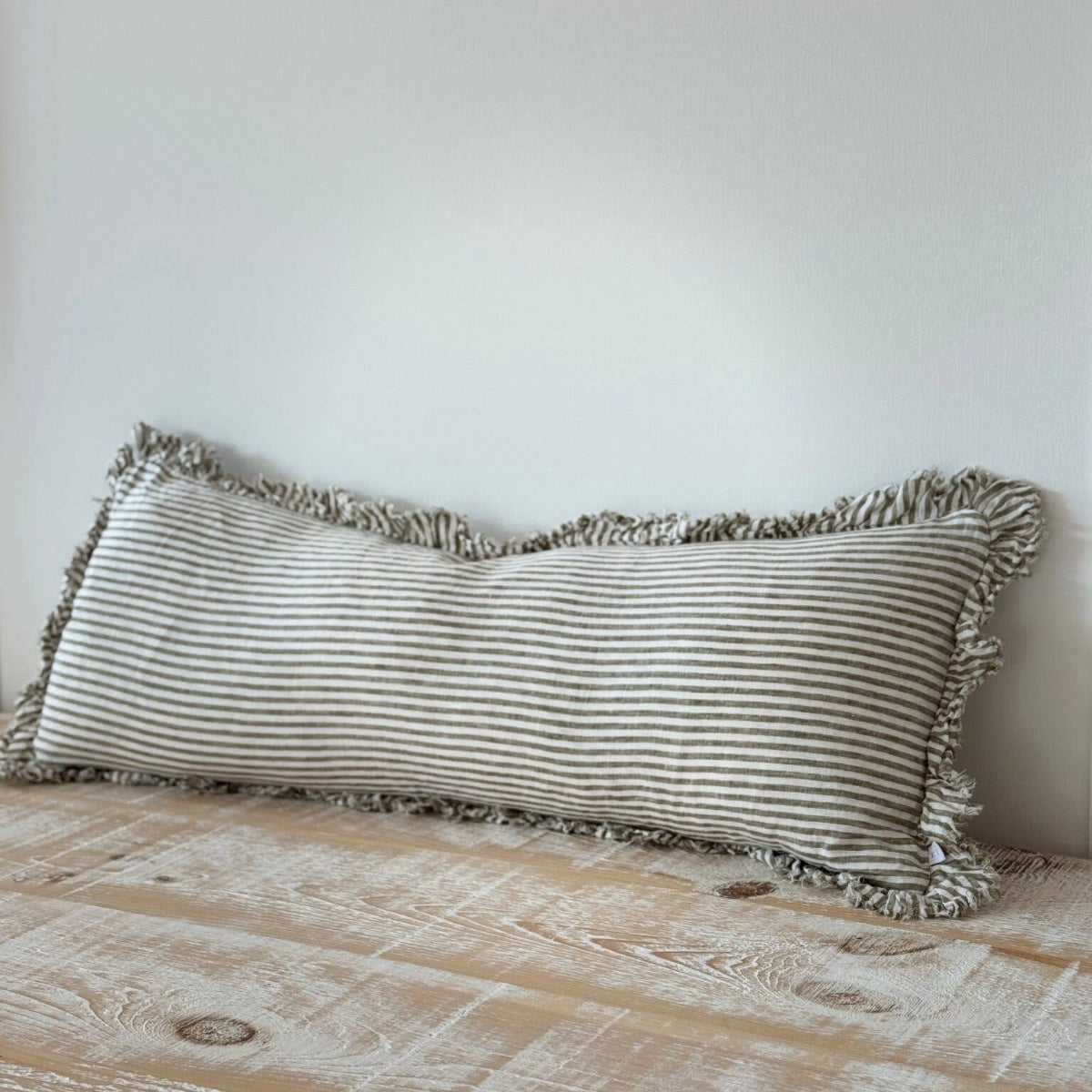 Hallie Bolster Linen Cushion  – Olive Stripe 80x30