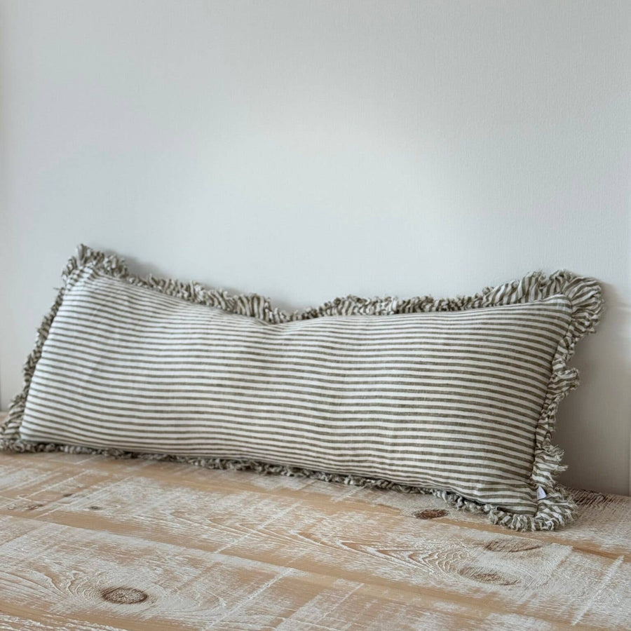 Hallie Bolster Linen Cushion  – Olive Stripe 80x30