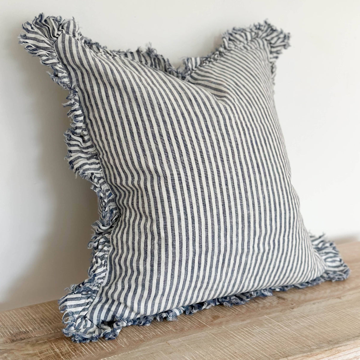 Hallie Ruffled Linen Cushion – Navy Stripe: 45 x 45 cm