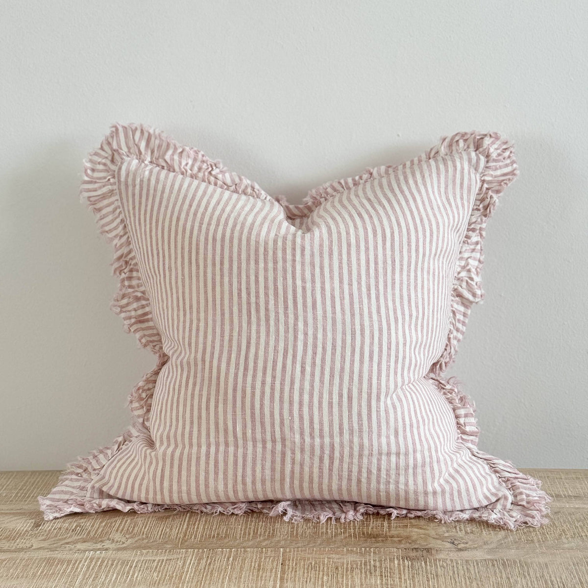 Hallie Ruffled Linen Cushion 45x45 – Pink Stripe