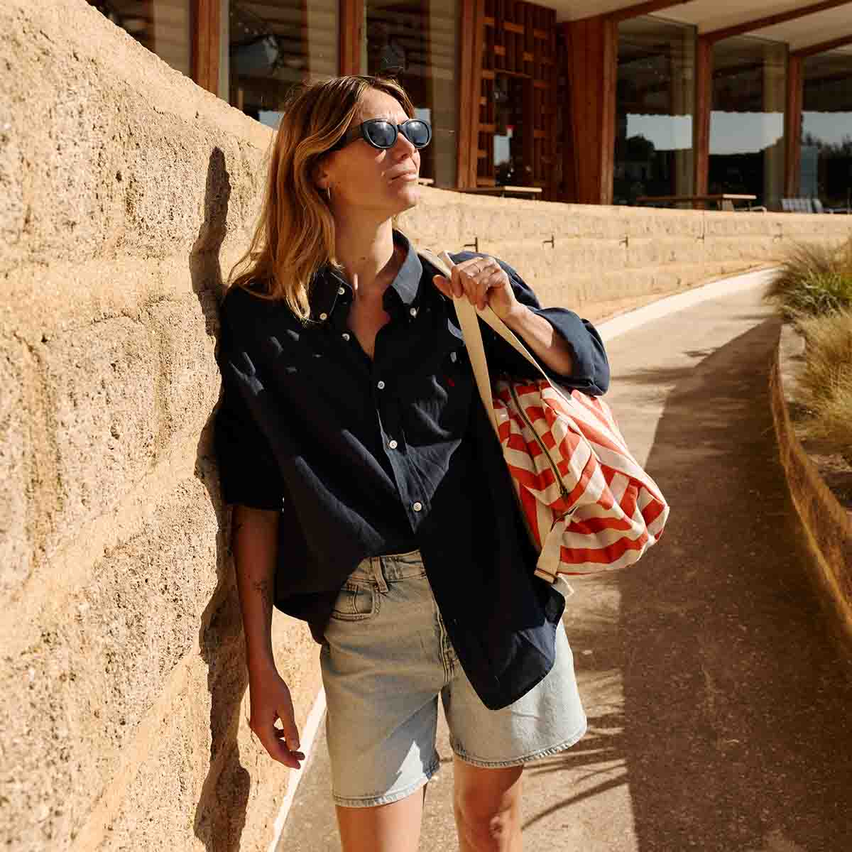 RAPHAEL DIAPER BAG - WEEKEND BAG STRIPES GREIGE / TOMATO