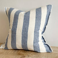 Thumbnail for Esmee Fringed Linen Cushion Wide Blue Stripe 45 x 45 