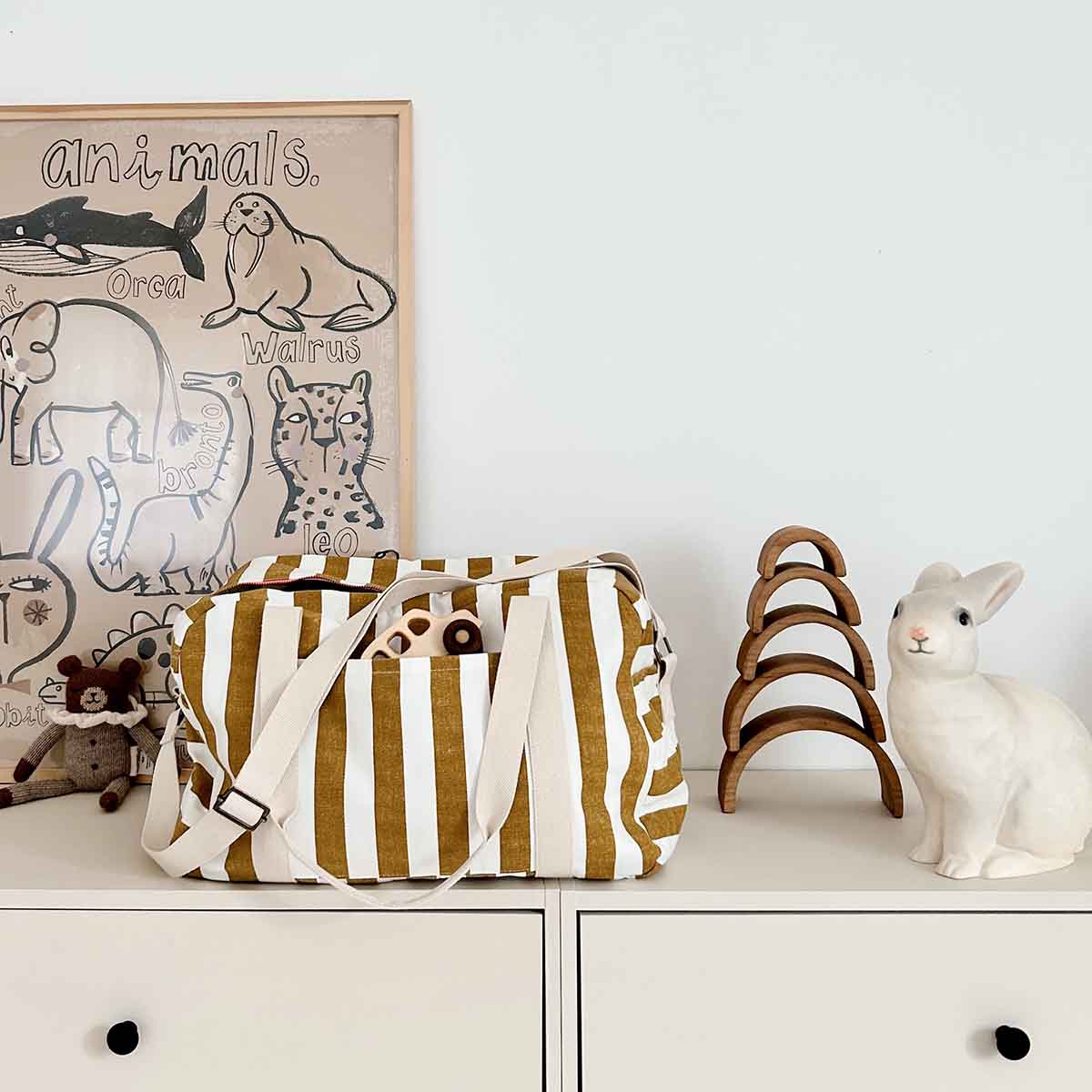RAPHAEL DIAPER BAG - WEEKEND BAG STRIPES CARAMEL - ECRU: CARAMEL AND ECRU / Stripe / L22*W42*H28