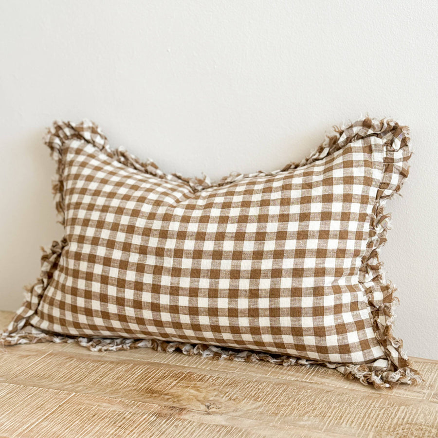 Hallie Ruffled Linen Cushion 50x30 – Brown Gingham