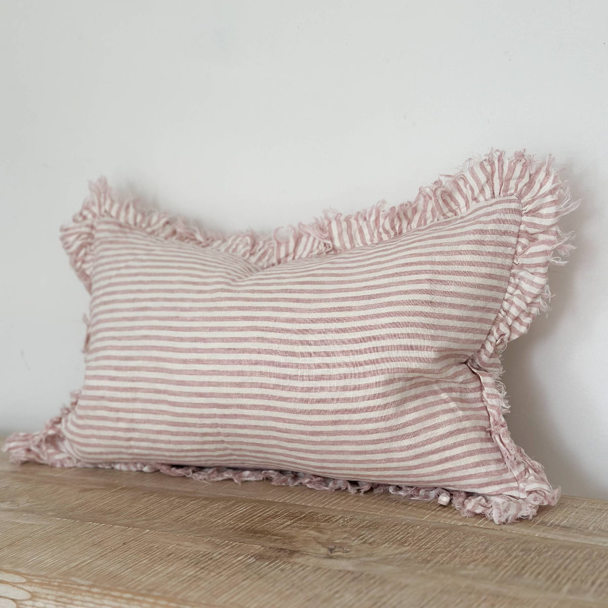 Hallie Ruffled Linen Cushion 50x30 – Pink Stripe
