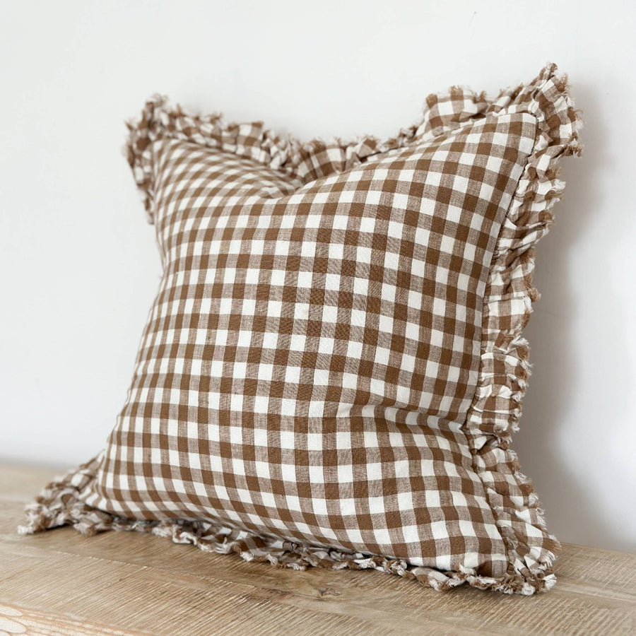 Hallie Ruffled Linen Cushion Brown Gingham 45cm x 45cm
