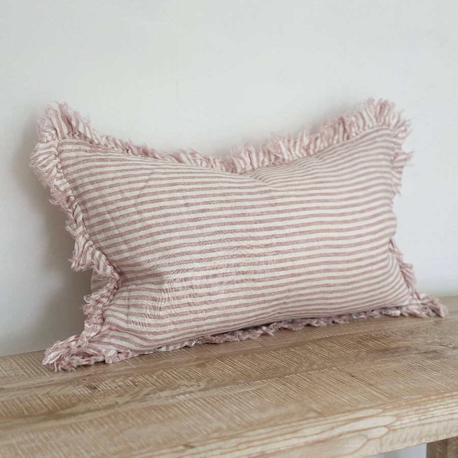 Hallie Ruffled Linen Cushion 50x30 – Pink Stripe