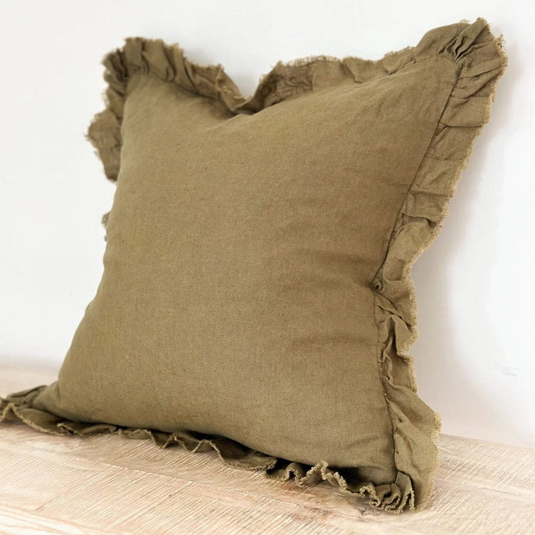 Hallie Olive Ruffle Edge Cushion 65x65cm