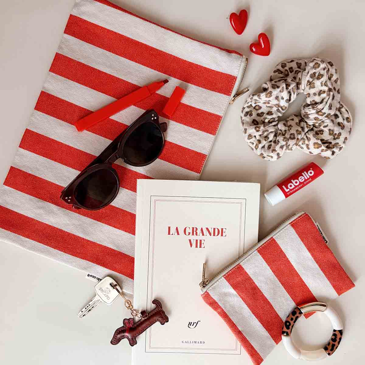 LILI FLAT POUCH STRIPES GREIGE / TOMATO
