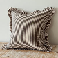 Thumbnail for Darcy Ruffle Cotton Cushion 65x65 - Dark Brown Stripe