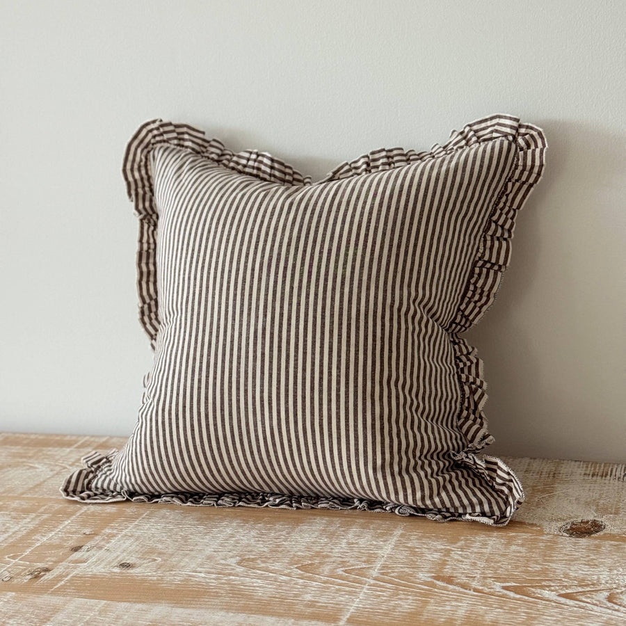 Darcy Ruffle Cotton Cushion 45x45 - Dark Brown Stripe